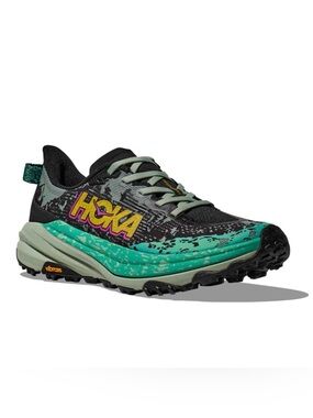 Hoka Women's Speedgoat 6 Teal and Black Trail Running Shoe with Yellow Logo 10 B